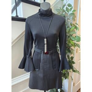 StyleWe UE. LUX Midi Dress 2 Black Stretch Belted Waist Mock Neck Bell Sleeve